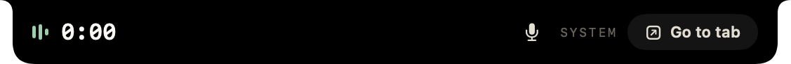Vakur in the notch during a meeting: elapsed time, microphone level and a Go to tab button
