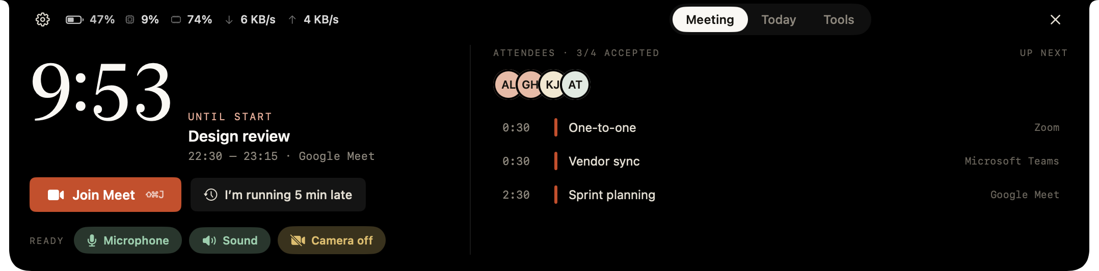 Vakur panel, Meeting tab: countdown, join button and what is up next